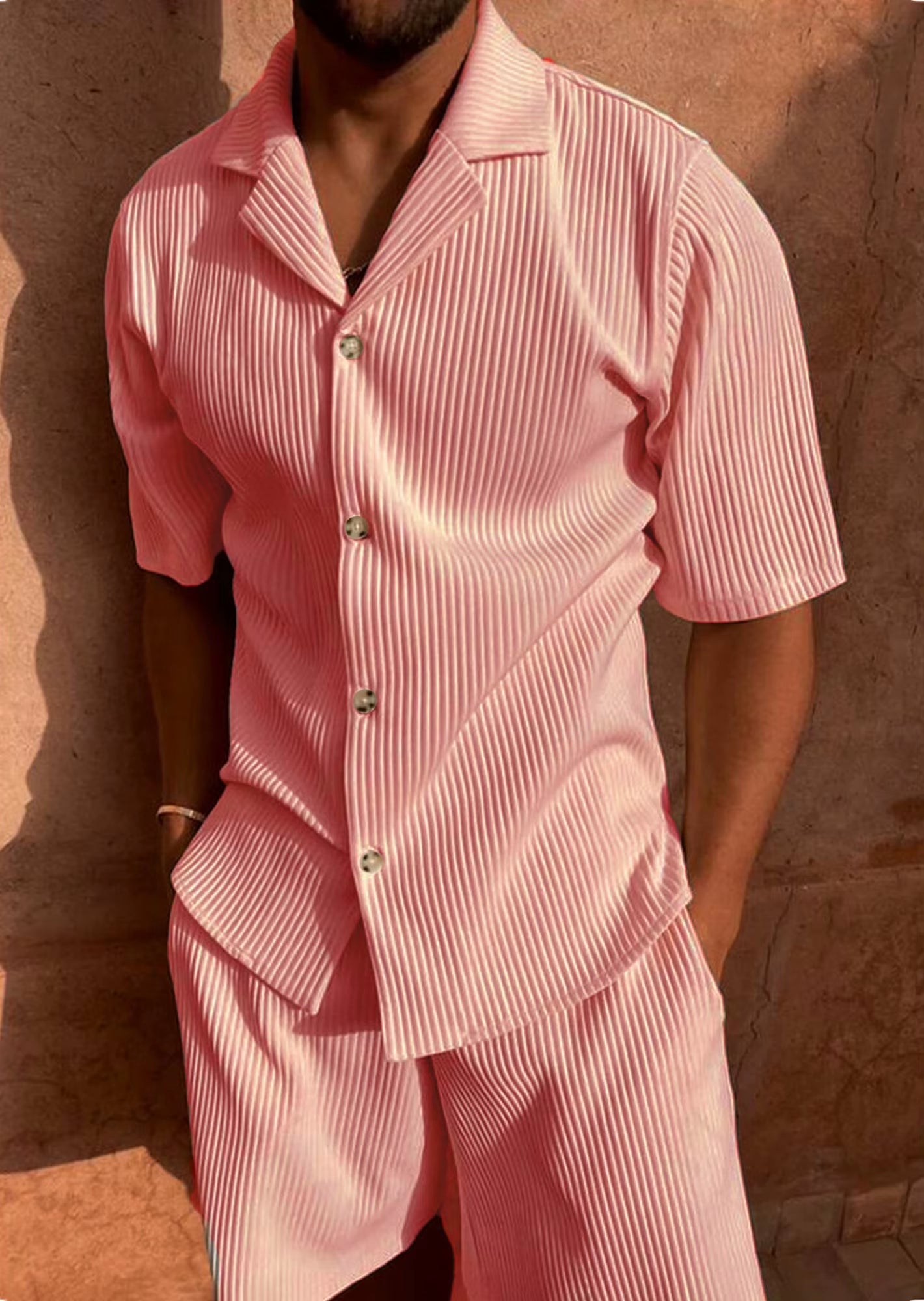 Spring/Summer Suit Solid Color Corduroy Shorts Sleeve Shirt and Shorts Stretch Beach Casual Suit
